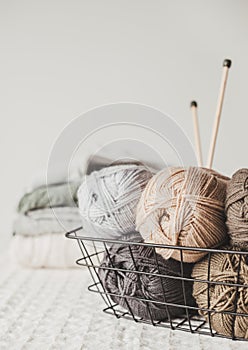 Craft hobby background with yarn in natural colors. Recomforting, destressing hobby