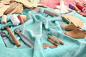 Craft items on leather in workshop