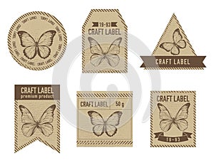 Craft labels vintage design with illustration of morpho menelaus, morpho rhetenor cacica