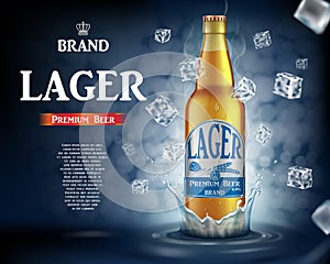 Craft lager beer ads with splashing. Realistic glass beer bottle with flying ice cubes on shiny blue background. Vector