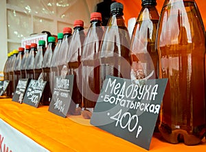 Craft mead of various types is sold at the fair