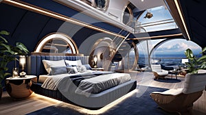 Craft a nautical-themed luxury bedroom with a yacht-inspired design, navy blue accents, and porthole-style windows overlooking the