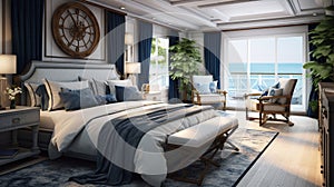 Craft a nautical-themed luxury bedroom with a yacht-inspired design, navy blue accents, and porthole-style windows overlooking the