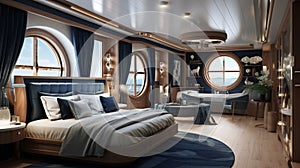 Craft a nautical-themed luxury bedroom with a yacht-inspired design, navy blue accents, and porthole-style windows overlooking the