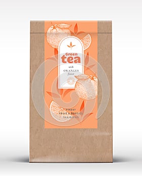 Craft Paper Bag with Fruit and Berries Tea Label. Realistic Vector Pouch Packaging Design Layout. Modern Typography