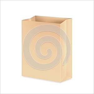 Craft paper bag. Packaging for takeaway food or gifts. Vector 3d realistic illustration. Empty brown template. Close up. EPS 10.