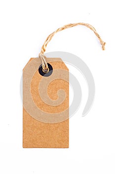 Craft paper blank tag mockup with textile thread isolated on white background