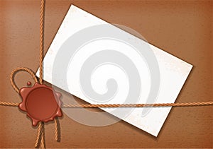 Craft paper envelope. Stylish envelope tied with twine with  wax seal and empty paper for text.