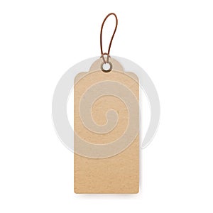 Craft paper label hanging on cord. Kraft cardboard tag mockup. Blank carton badge on string. Eco rustic beige card with