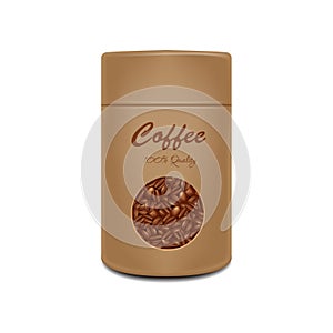 Craft paper pot template. Vector realistic pack with window for coffee beans. Coffee brown packaging