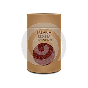 Craft paper pot template. Vector realistic pack with window for red tea. Brown packaging