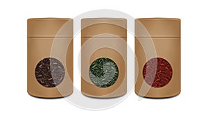 Craft paper pot template. Vector realistic pack with window for tea. Red, green, black tea. Brown packaging