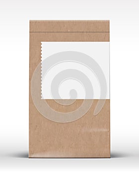 Craft Paper Pouch Bag Template. Realistic Carton Texture Packaging Mock Up with Soft Shadow and Blank Label. Isolated