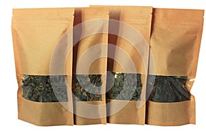Craft paper pouch bags front view isolated on white background. Packaging for foods and goods template mock-up