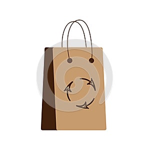 Craft paper shopping bag icon for eco organic food. Flat style illustration, arrows as a recycle symbol