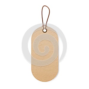 Craft price tag on string. Blank kraft paper label hanging on cord, thread. Bio cardboard beige badge mockup for eco