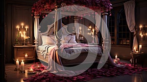 Craft a romantic luxury bedroom featuring a four-poster bed adorned with rose petals, candlelit ambiance, and plush velvet accents