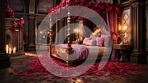 Craft a romantic luxury bedroom featuring a four-poster bed adorned with rose petals, candlelit ambiance, and plush velvet accents