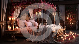 Craft a romantic luxury bedroom featuring a four-poster bed adorned with rose petals, candlelit ambiance, and plush velvet accents
