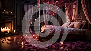 Craft a romantic luxury bedroom featuring a four-poster bed adorned with rose petals, candlelit ambiance, and plush velvet accents