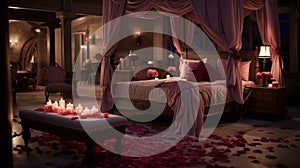 Craft a romantic luxury bedroom featuring a four-poster bed adorned with rose petals, candlelit ambiance, and plush velvet accents