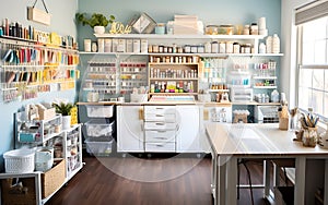 A craft room with a sewing machine, filled with a variety of accessories and supplies for DIY, decorating gifts and