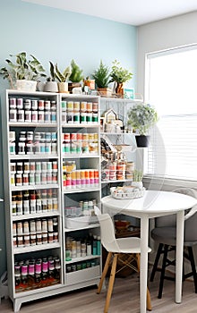 A craft room with a sewing machine, filled with a variety of accessories and supplies for DIY, decorating gifts and