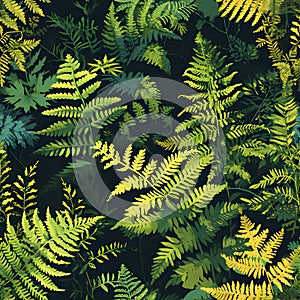 Craft a seamless organic pattern that captures the intricate textures of sunlit ferns in a shaded forest. AI Generated