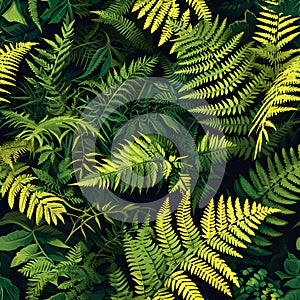 Craft a seamless organic pattern that captures the intricate textures of sunlit ferns in a shaded forest. AI Generated