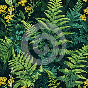 Craft a seamless organic pattern that captures the intricate textures of sunlit ferns in a shaded forest. AI Generated