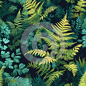 Craft a seamless organic pattern that captures the intricate textures of sunlit ferns in a shaded forest. AI Generated