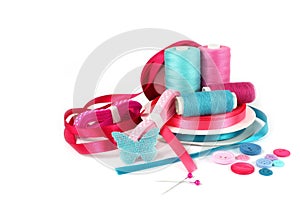 Craft sewing ribbons, thread and buttons