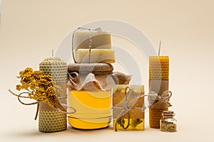 Craft soap and candles near jar