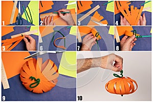 Craft for Thanksgiving paper pumpkin. Children`s art project. DIY concept. Step by step photo instruction