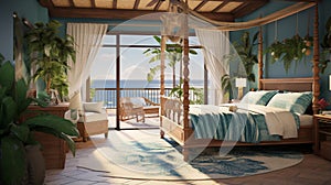 Craft a tropical paradise bedroom with a canopy bed, palm leaf ceiling fan, and a balcony that opens up to a lush garden and the