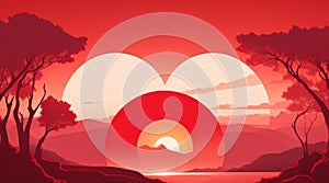 Craft a vector image of a white and red sunset over a serene love-filled landscape