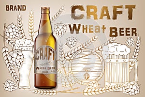 Craft wheat beer ads design. Realistic malt bottle beer isolated on retro background with ingredients wheats, hops and