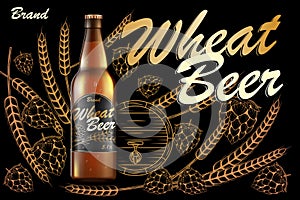 Craft wheat beer ads design. Realistic malt golden bottle beer isolated on dark background with ingredients wheats, hops