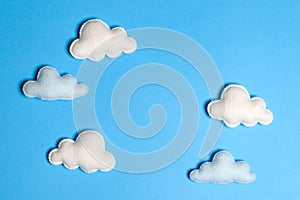 Craft white clouds in blue sky with frame, copyspace. Hand made felt toys. Abstract sky.