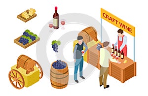 Craft wine tasting. Winemaking isometric concept. Vector grapes, cheese, market stall, wooden barrel
