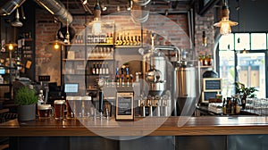 A craftbeer bar showcasing an assortment of beers neatly arranged on the counter, ready to be served with brewing