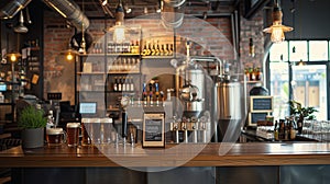 A craftbeer bar showcasing an assortment of beers neatly arranged on the counter, ready to be served with brewing photo