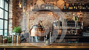 A craftbeer bar showcasing an assortment of beers, ready to be served with brewing kettles in the background