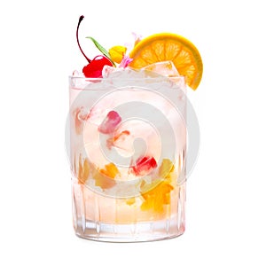 Crafted cocktail with berries, a slice of orange, ice cubes and a sprig of mint