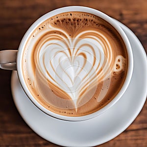 Crafted Elegance. Detailed Heart Latte Art in a White Ceramic Cup.