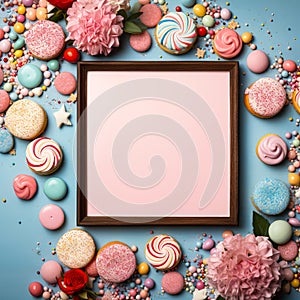 Crafted Elegance Handcrafted Frames Colorful Confections and Doughnut Illustrations with Copy Space
