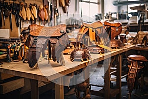 crafted leather saddles on workshop table