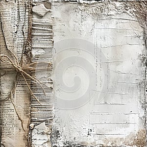 Crafted scrapbook design with vintage script pages and rustic twine on textured white canvas