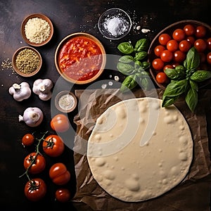 Crafting Delicious Pizza: Dough, Cheese, and Sauce, Top View