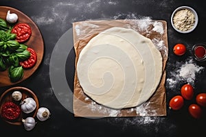 Crafting Delicious Pizza: Dough, Cheese, and Sauce, Top View